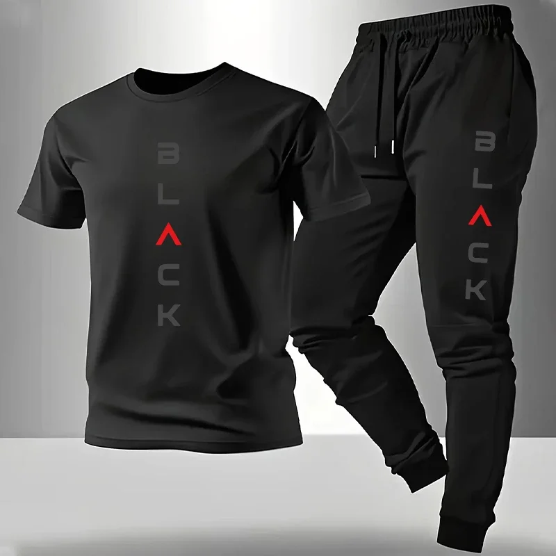 

Black Letter Print T-shirt and Sweatpants 2026 Summer Men's Set High Grade Short Sleeve Outfit Home Outdoor Casual T-Shirts Sets