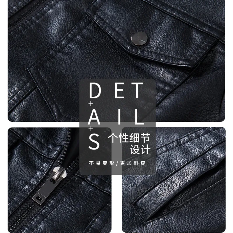 Black Motor Jacket for Men PU Leather Solid Colors Autumn Winter Biker Jackets Lapel Zippers Outwears Imitation Genuine Leather