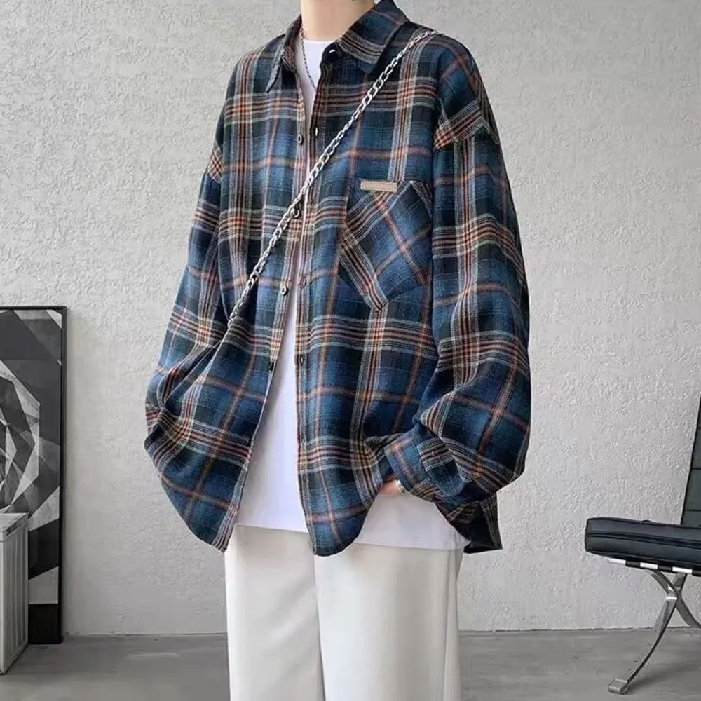 Checkered Shirt High Street Style Long Sleeve Cotton Loose Fit Vintage Plaid Top Unisex Street Fashion Autumn Winter Comfort