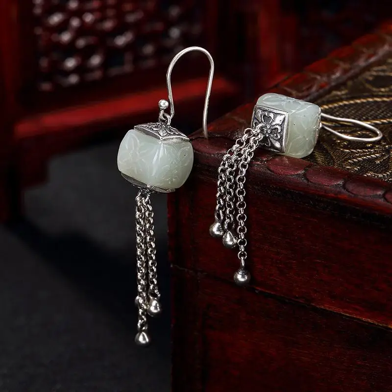 Independent design retro style inlaid Hetian white jade pattern tassels for ladies high-end earrings elegant silver jewelry