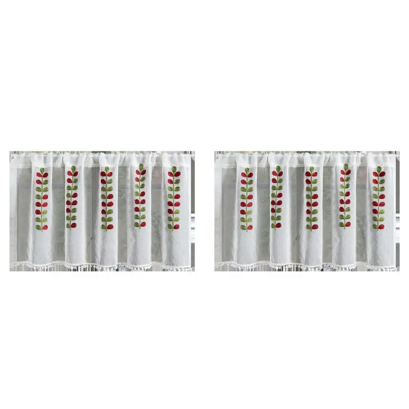 AC23-2X Embroidered Semi-Transparent Curtains Kitchen Tiered Half Window Sheer Curtain Rod Pocket Tulle Curtains A