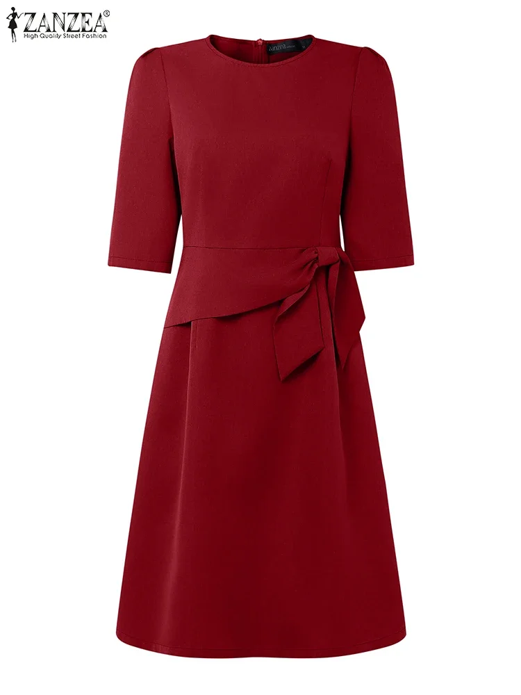 2025 ZANZEA Office Lady Vestito estivo Lace-Up Donna Abito al ginocchio Tinta unita Casual Abito allentato Mezza manica Arco Abiti da festa