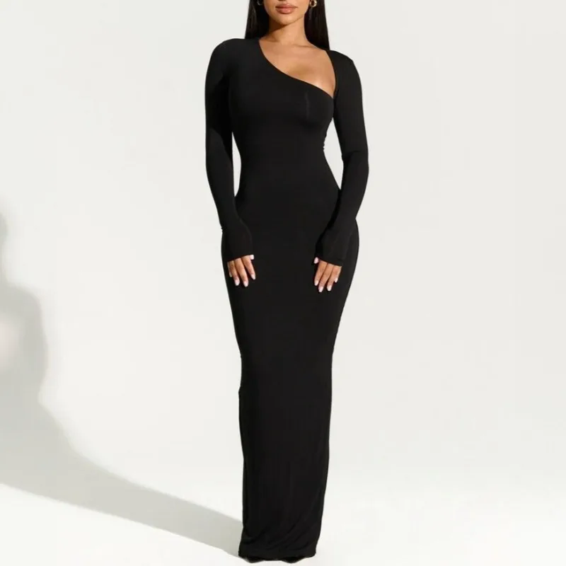 Novo preto simples elegante manga comprida fino ajuste saia longa feminina primavera e outono volta fenda gola diagonal senhora vestido básico