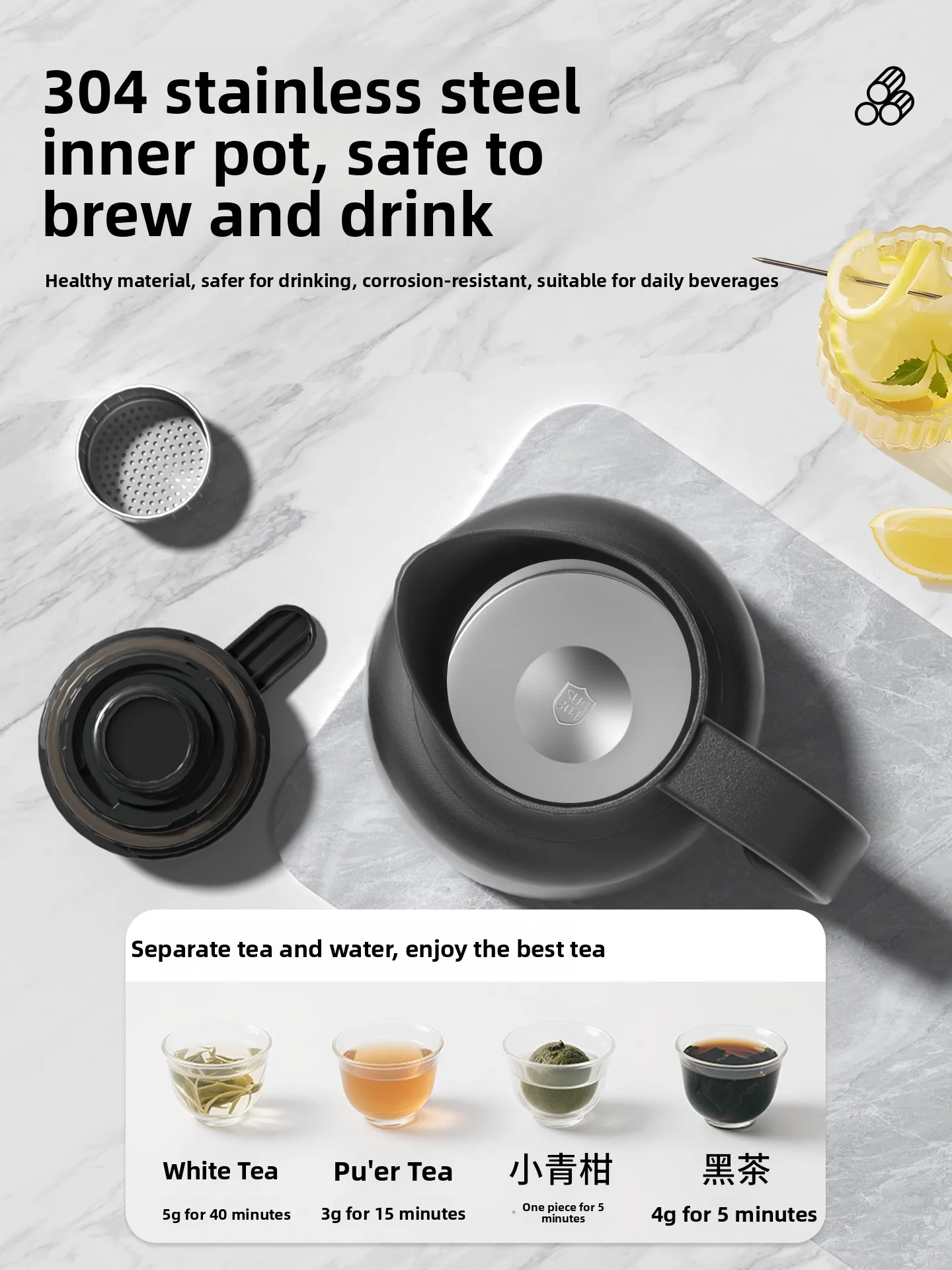 

JunHeng 304 Stainl Steel Insulated Tea Pot for Students Home Use 000ml Modern Simple Sle Tea Brewing Pot with Handle