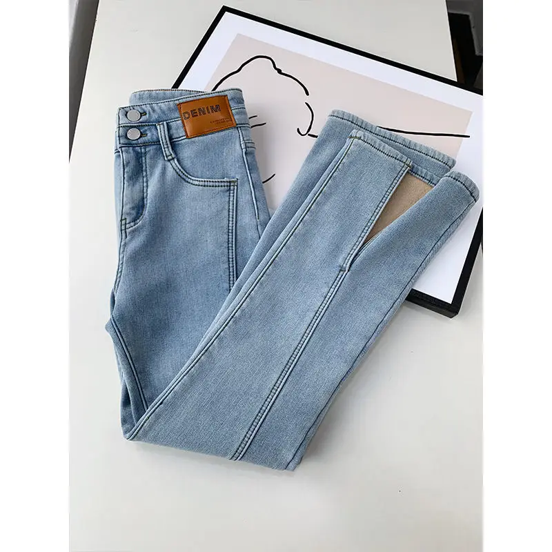 Thick Winter Denim Flare Pants Women Korean Fashion High Waist Stretch Jeans Plus Velvet Slim Split Bell-Bottomed Pantalones