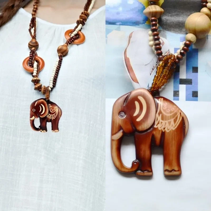 Boho Ethnic Style Long Hand Made Bead Wood Elephant Pendant Necklace Sweater Chain for Women Fashion Neck Jewelry Party Gifts