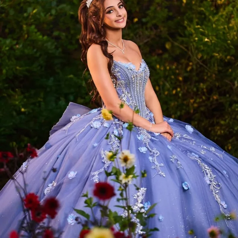 

Haze blue Quinceanera Dress off-shoulder glitter 3D flower crystal decal Lace Bow vestidos de 15 Quinceanera ﻿Customize