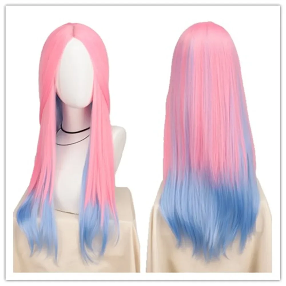 Mizi Perücke Anime Alien Stage Mizi Cosplay Perücken Lange lockige dunkelrosa blaue Farbverlaufsperücke 29'' gemischte Farben Mittelteil Kunsthaar