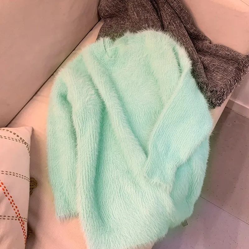 New Lazy Style Soft Mohair Mint Green Loose Sweater Autumn Winter Women O Neck Thick Warm Knitted Oversized Female Pullovers