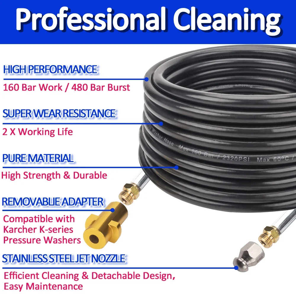 20M High Pressure Washer Hose Sewer Drain Water Cleaning Extension Hose Cleaning Kit Sewage Jet Water Pipe Hose Cleaner