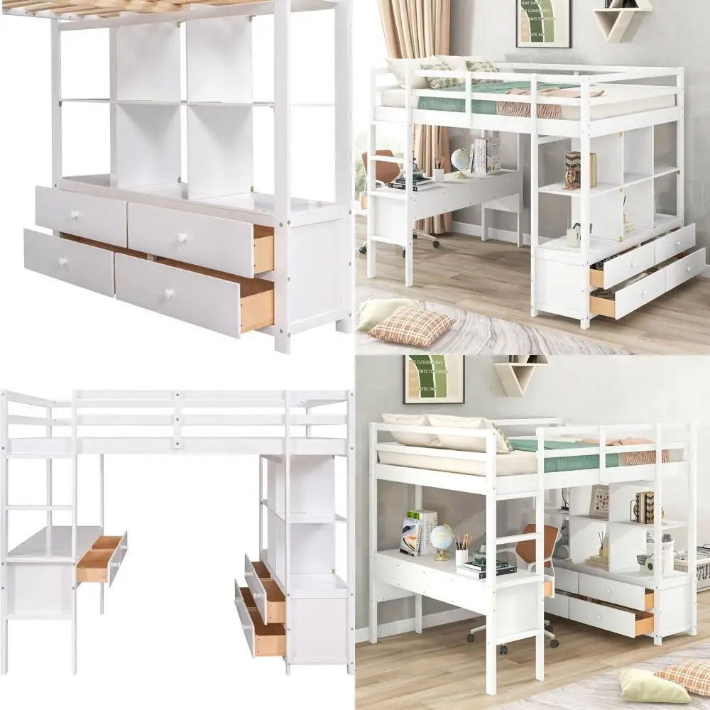 

Wooden Full Loft Bed with Desk, Storage, and Bookcase - Suitable for Kids, Teens, and Adults (White)