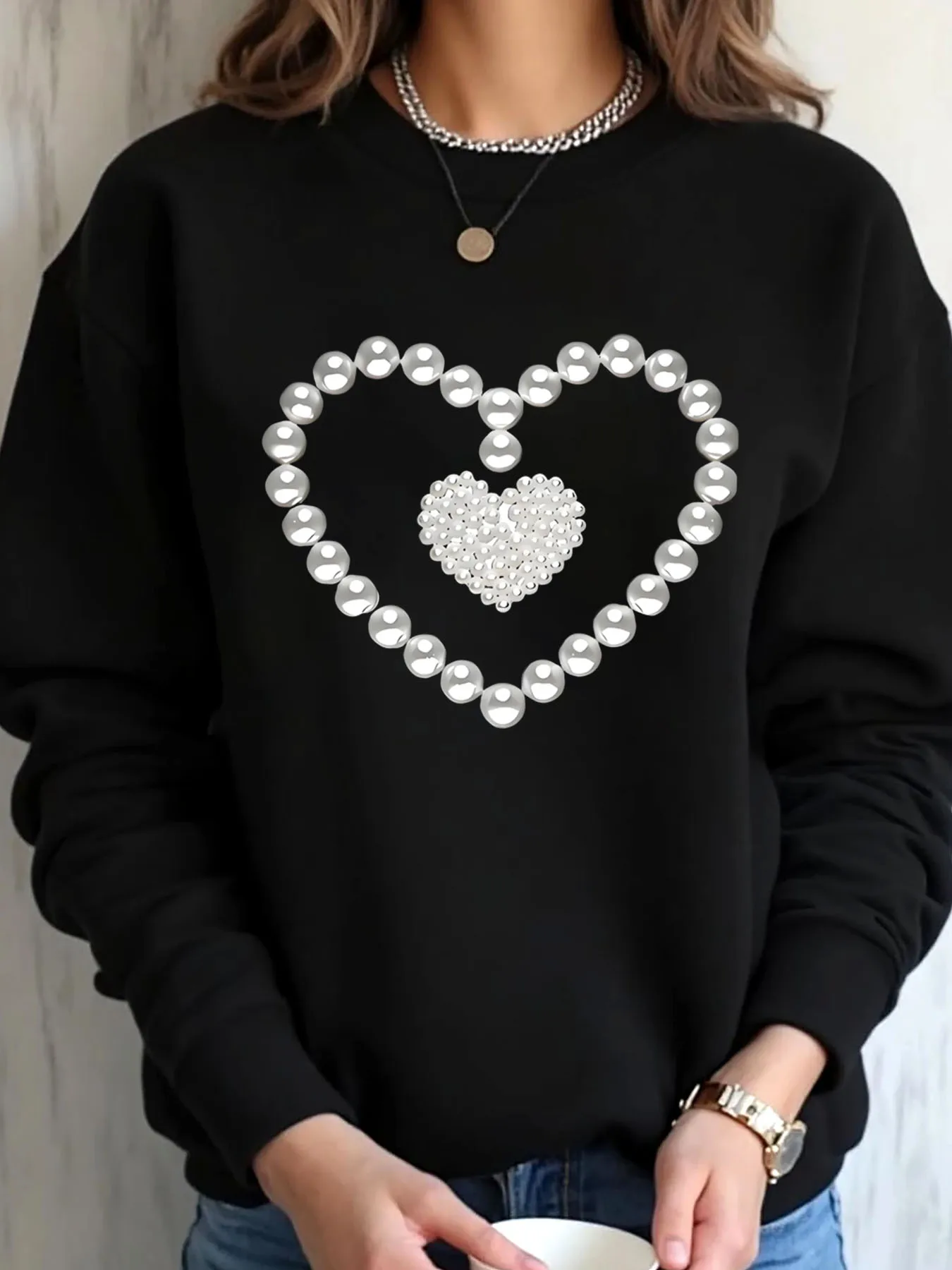 

Женская толстовка большого размера на день Святого Валентина с жемчугом и принтом сердца, верхняя одежда