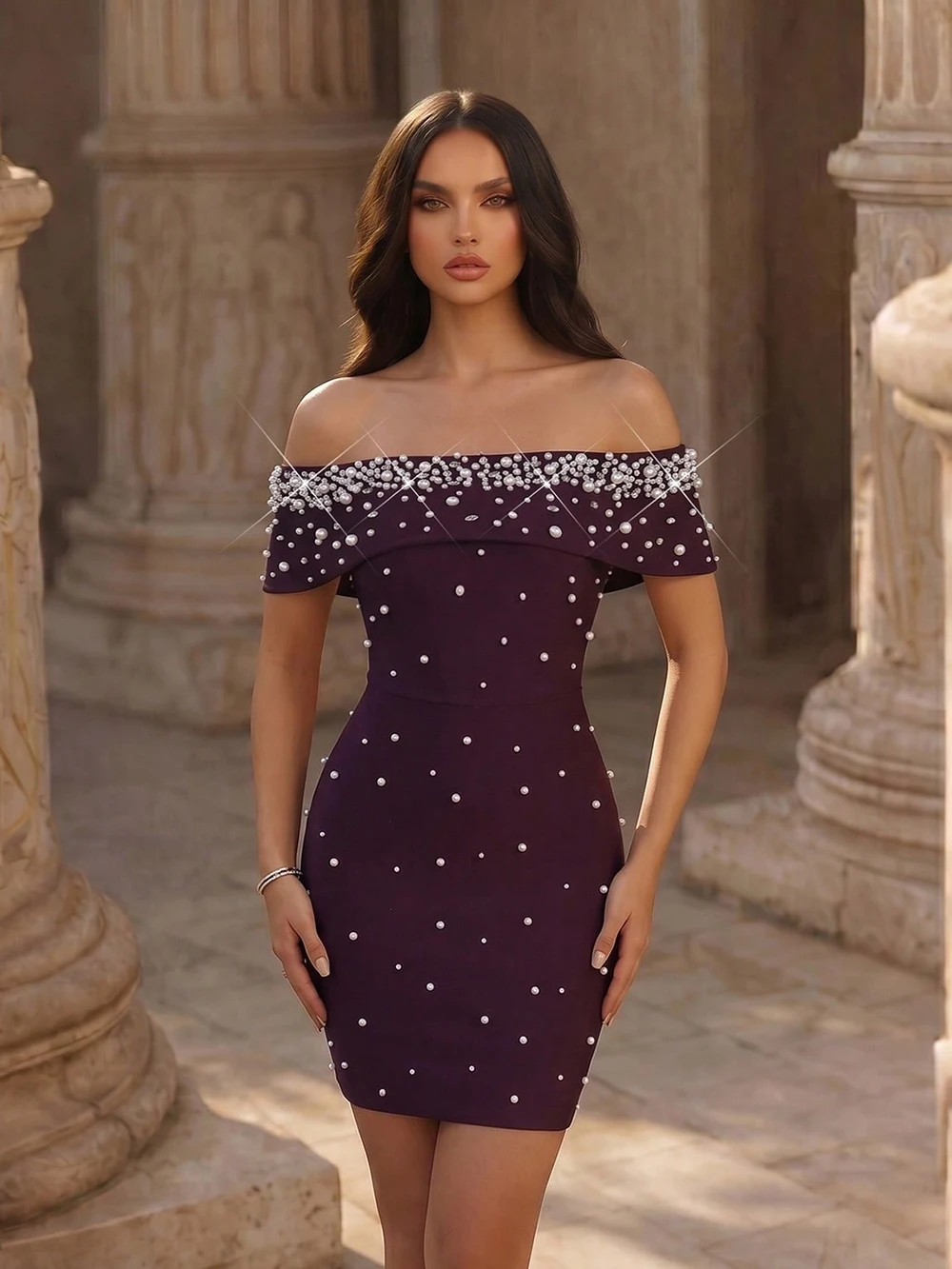 

Modphy Women Celebrity Sexy Off Shoulder Pearl Diamond Black Mini Bodycon Bandage Dress 2026 Elegant Evening Club Party Dress