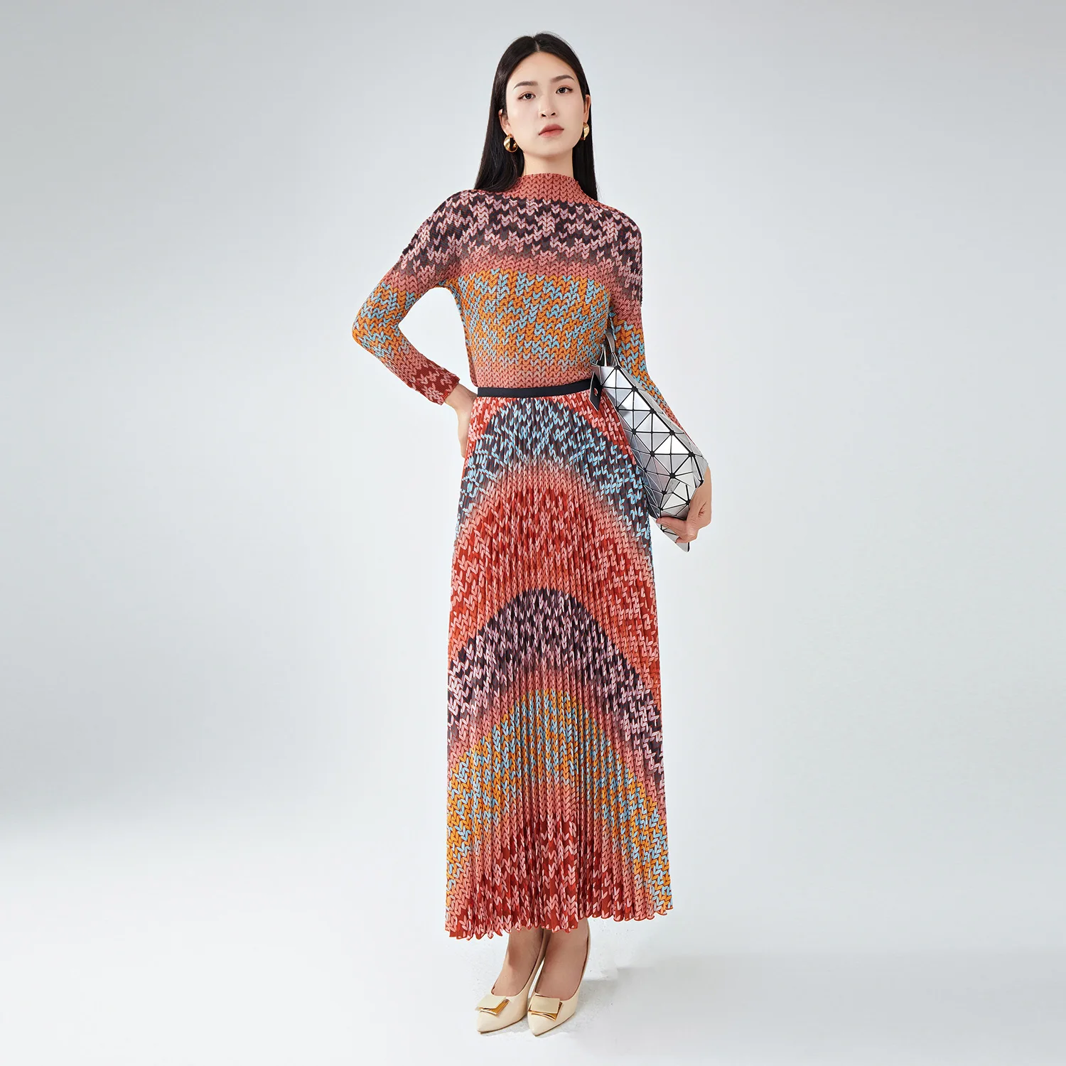 

Women's Casual Style Pleated Stretch Long Sleeve Skirt Turtleneck Top Two-Piece Set Ankle Length Polyester Fabric With Pattern