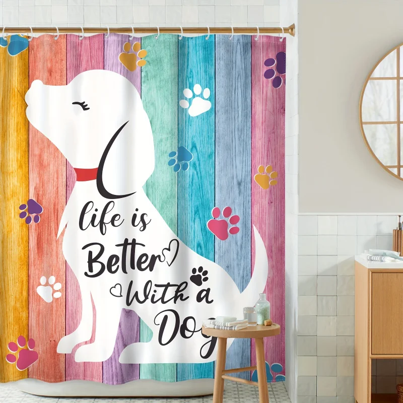 1pc - Polyester - Cute Dog Shower Curtain Interesting Animal Colorful Wooden Board Rural Cute Farmhouse Footprint Pet Waterproof