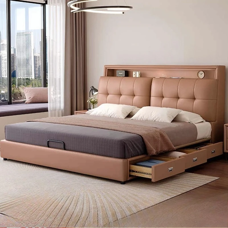 

180x200cm Queen Double Bed Headboard Storage Bedroom Composite Leather Home Bed 3 Drawers Modern King Size Frame Cama Furniture