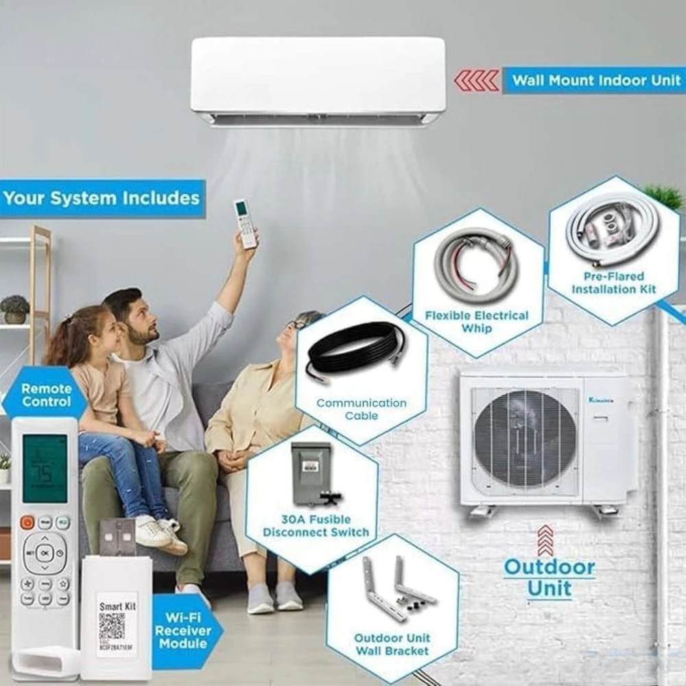 12,000 وحدة حرارية بريطانية 20.8 SEER2 نظام مضخة حرارية لمكيف الهواء صغير الحجم بدون قنوات مع مجموعة تركيب شاملة مقاس 16 بوصة