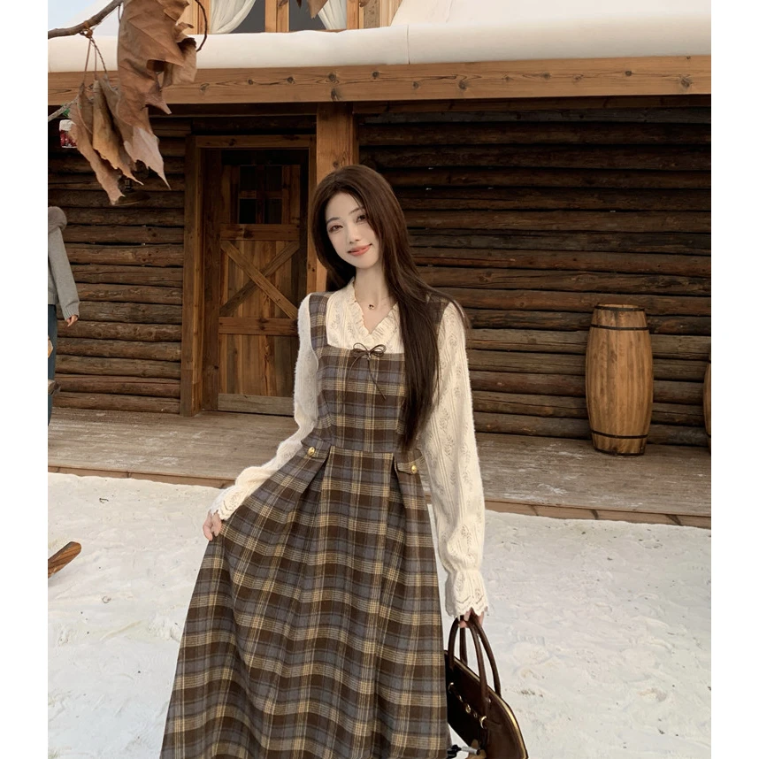 Autumn Plaid Woolen Dress New Version Long Skirt Slimming Waist Knitted Set for Women City Walk Three-quarter Sleeve Other Ma...