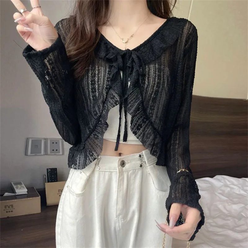 Xpqbb Fashion Sweet Shirt for Women Summer Chiffon White Long Sleeve Lace Cardigan Sun Protection Airable Cropped Blouse Female