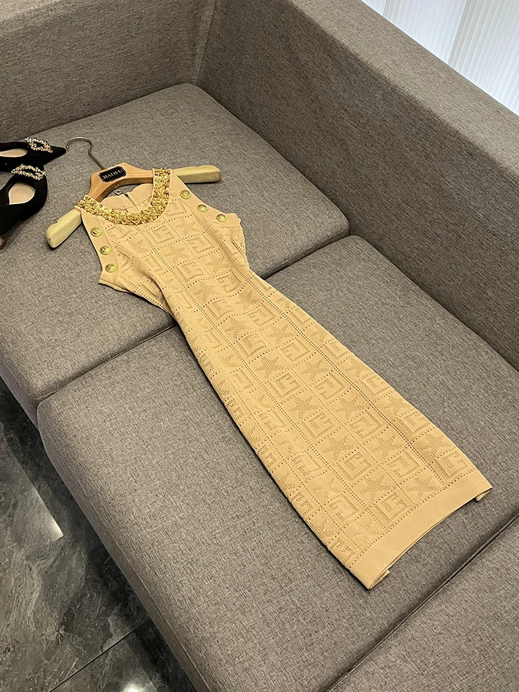 

Heavy Embellied Svel Mid-Length Knitted Dr Zipper Ba Sle Ele Ci Commute Faion Ladies' Single-Piece Gown