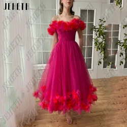 JEHETH Off Shoulder A-Line Prom Dress For Woman Tulle 3D Flowers Lace Up Party Gowns Ankle Length Elegant Vestidos De Festa