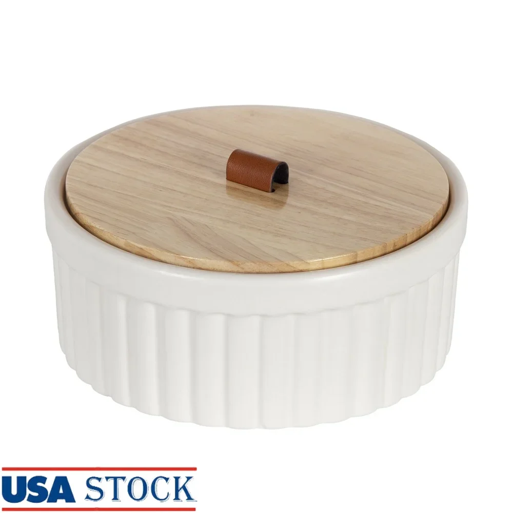 

Ceramic Decorative Container with Wooden Lid and Faux Leather Handle Ideal Storing Small Items Jewelry and Mementos