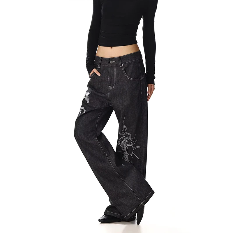 Women's Fashion Print Punk Jeans Unisex Street Sweatpants Y2k Retro Girls Casual Wide Leg Bottoms Female High Waist Trousers
