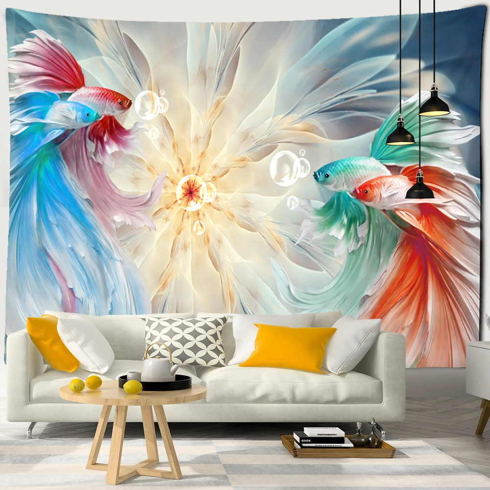 Tinte Lotus Wandbehang Wandteppich Boho Koi Tuschemalerei Ästhetische Raumkunst Psychedelic Hippie Home Decor