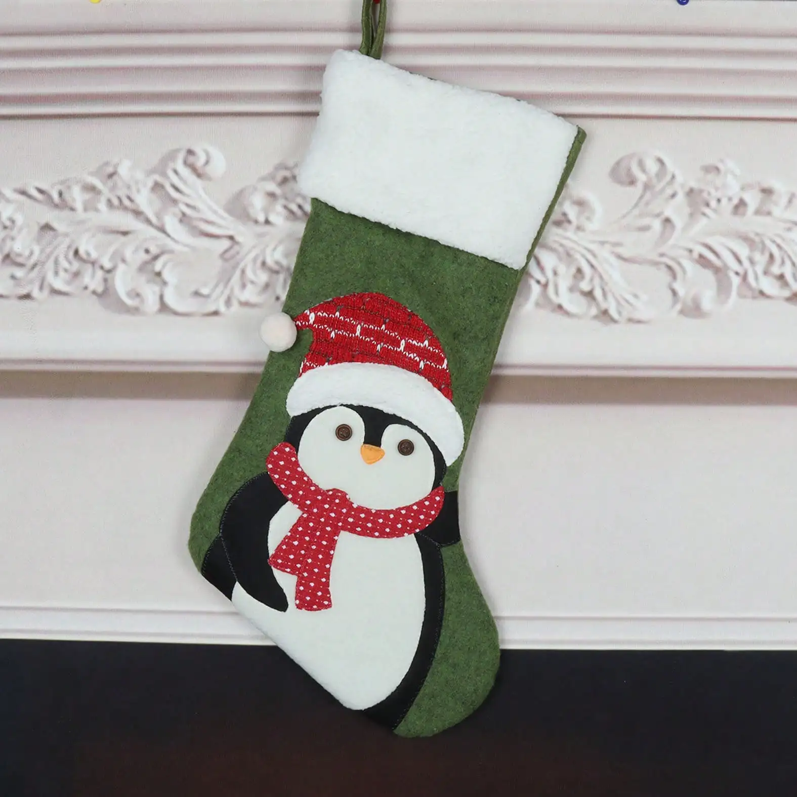 Knitted Fabric Christmas Stocking Sherpa Fleece Top Gift Pattern Appliqué Fireplace Hanging Holiday Gift Bag Rustic Farmhouse Xmas Mantel Decoration