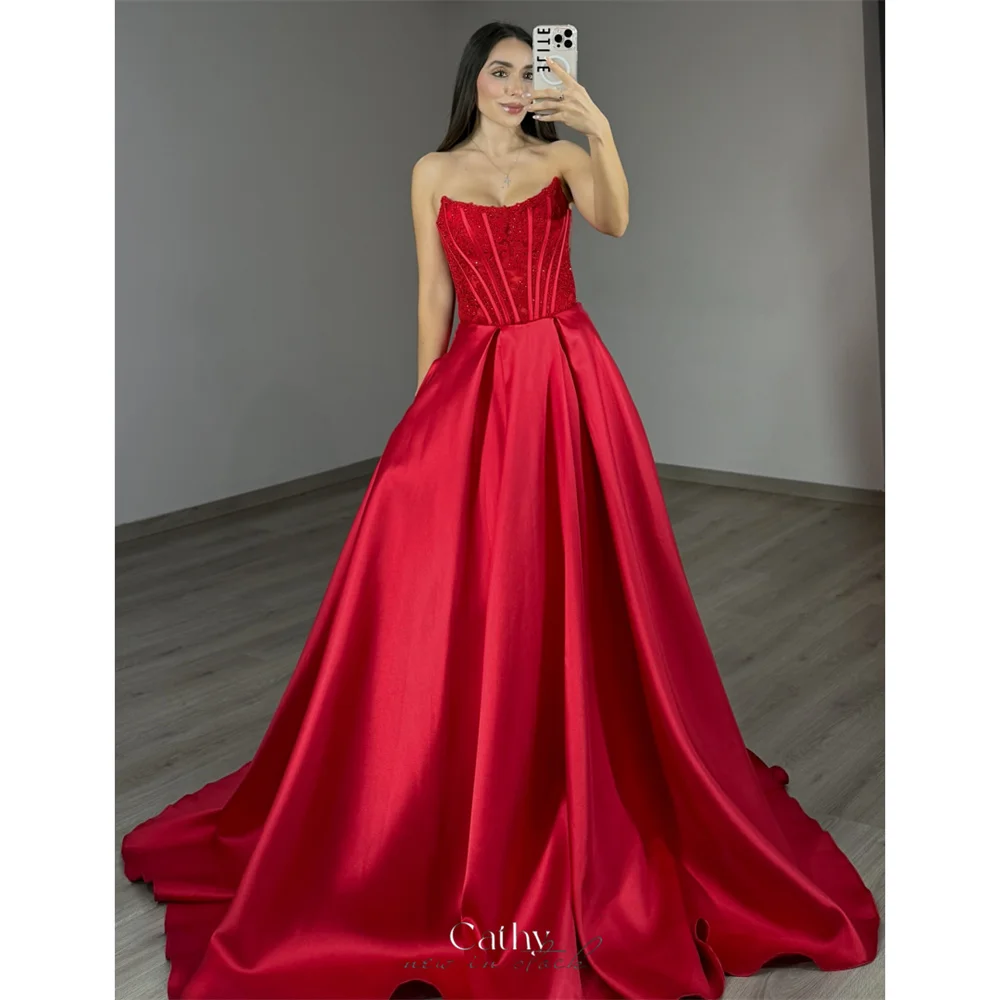 

Cathy Customized A-Line Strapless Embroidery Prom Dresses Corset Sleeveless vestidos de noiva Satin Floor-Length Formal Evening