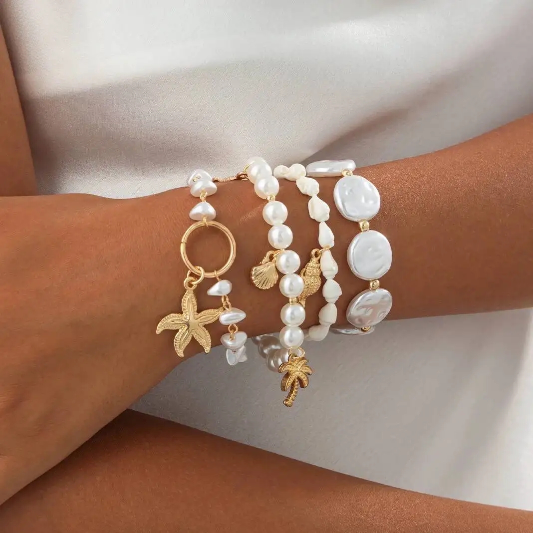 

Boho Starfish Conch Coconut Tree Pendant Bracelets for Women Elegant Summer Imitation Pearl Chain Bangles Wedding Jewelry