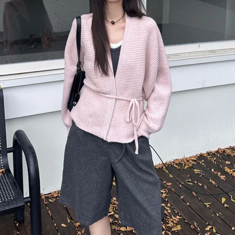 

Cardigan Women Sweaters Coats V Neck Jackets Full Sleeve Jumpers Lace Up Y2k Streetwear Elegant Knit Open Stith Autumn Winter