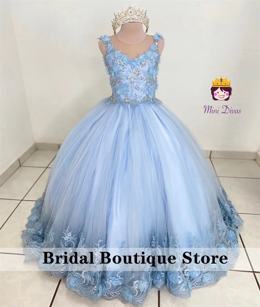 

Sky Blue Flower Girl Dress 2024 For Wedding Floral Applique Beads Pearls Baby Birthday Party Photo shoot Ball Gown Vestidos