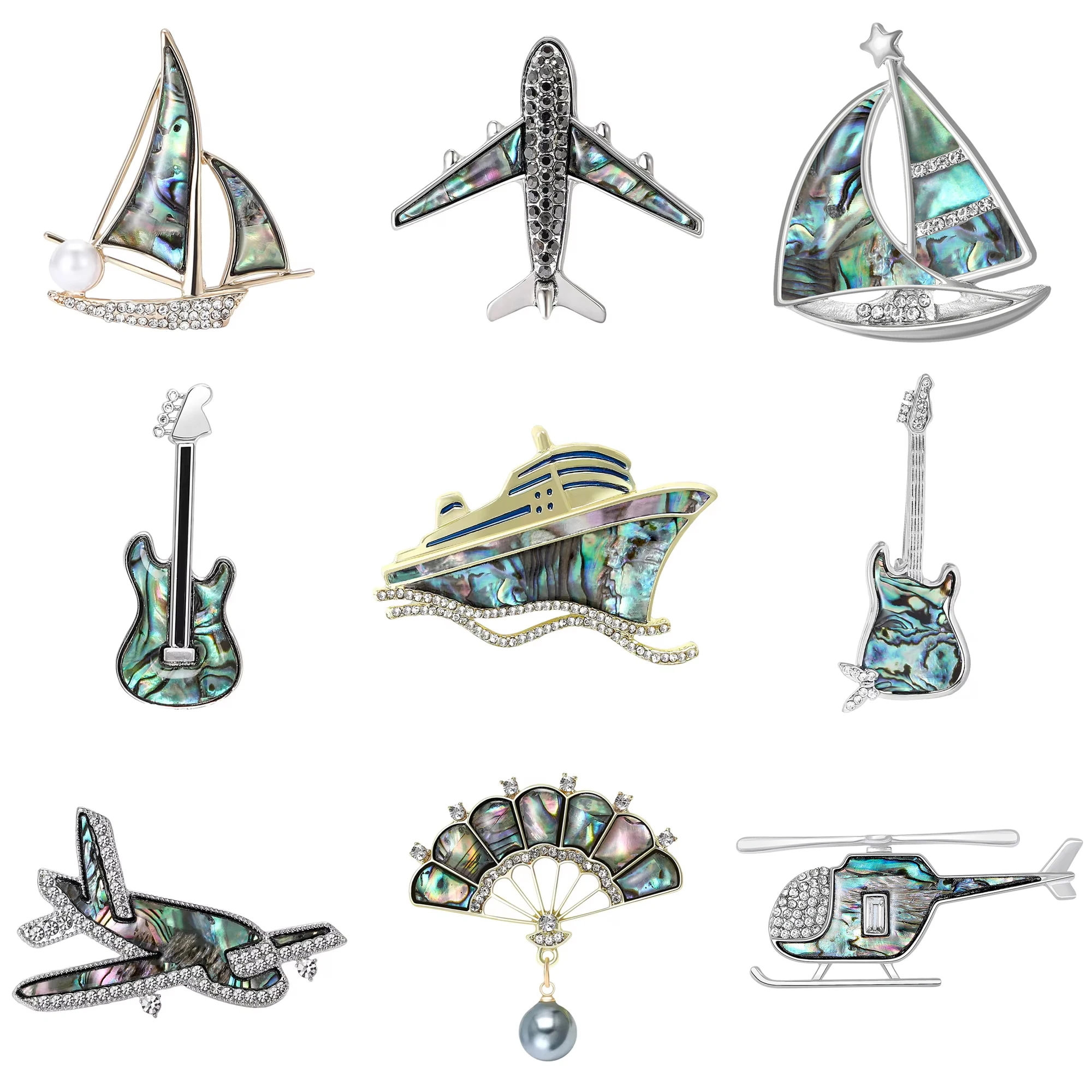 Luxury Shell Ship Airplane Brooches for Women Rhinestone Guitar Bicycle Fan Pins Necklace Office Party Friend Gifts Accessories