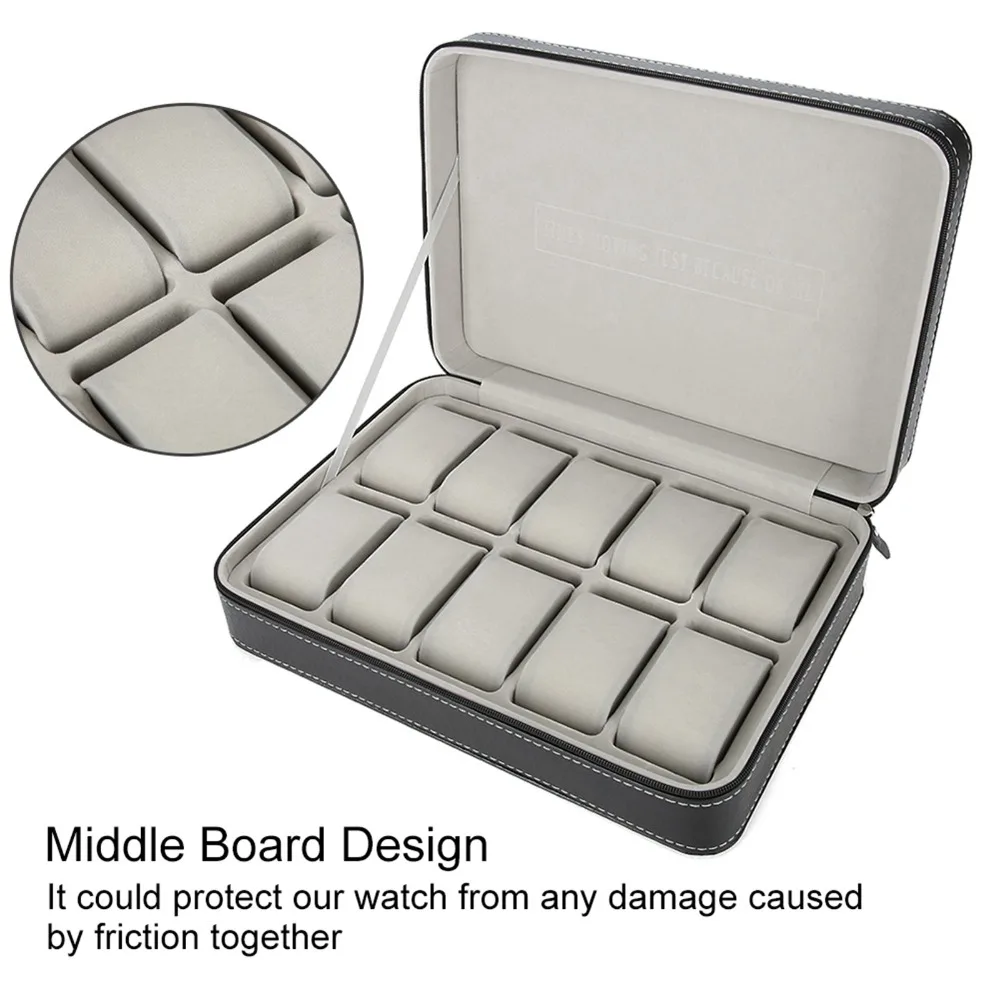 Easy Carry PU Leather Watch Bag 10 Slots Zipper Closure Watch Case Portable Dustproof Watch Organizer Watch Storage