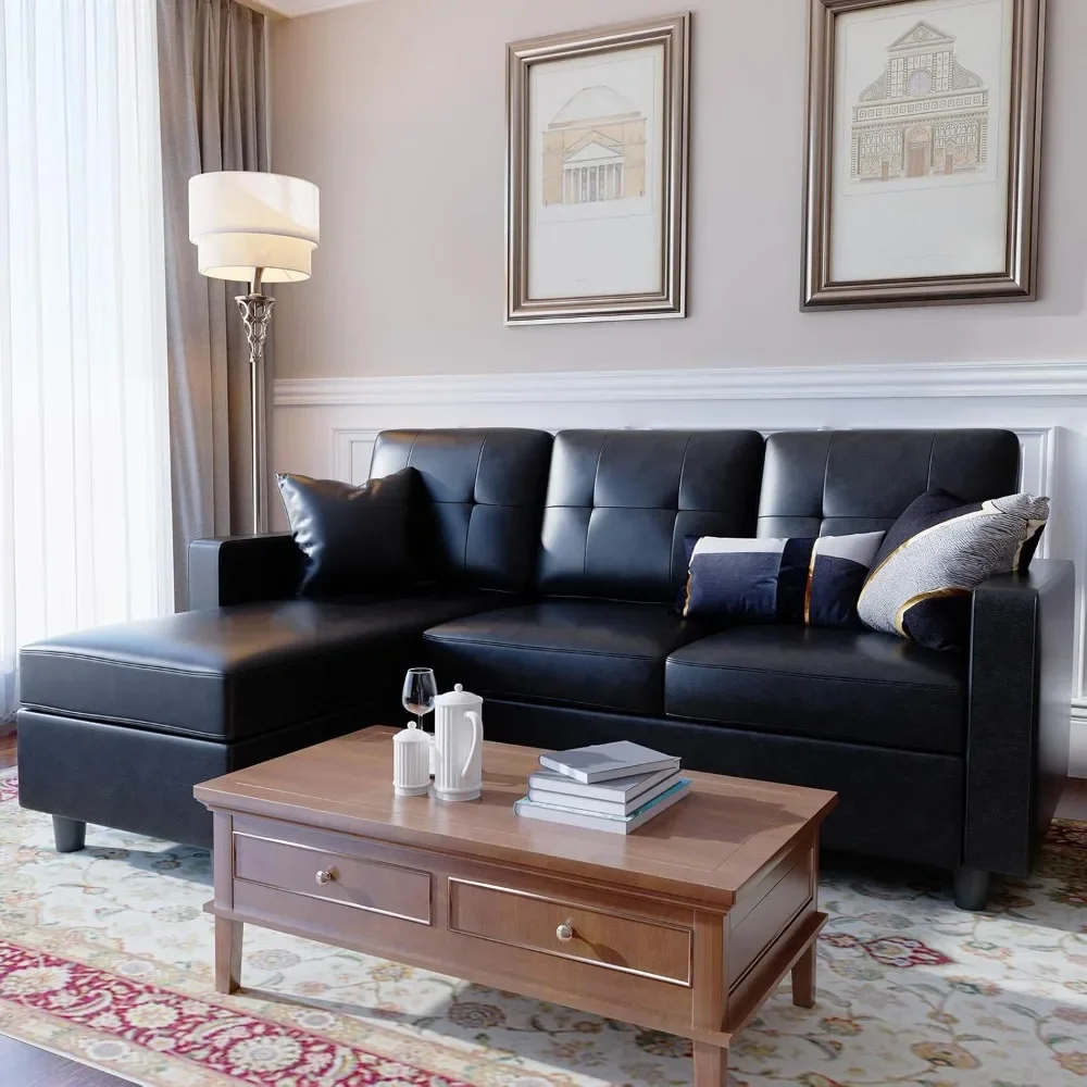 

Artificial Leather Segmented Sofa Convertible L-shaped Sofa, Suitable for Small Spaces, Black