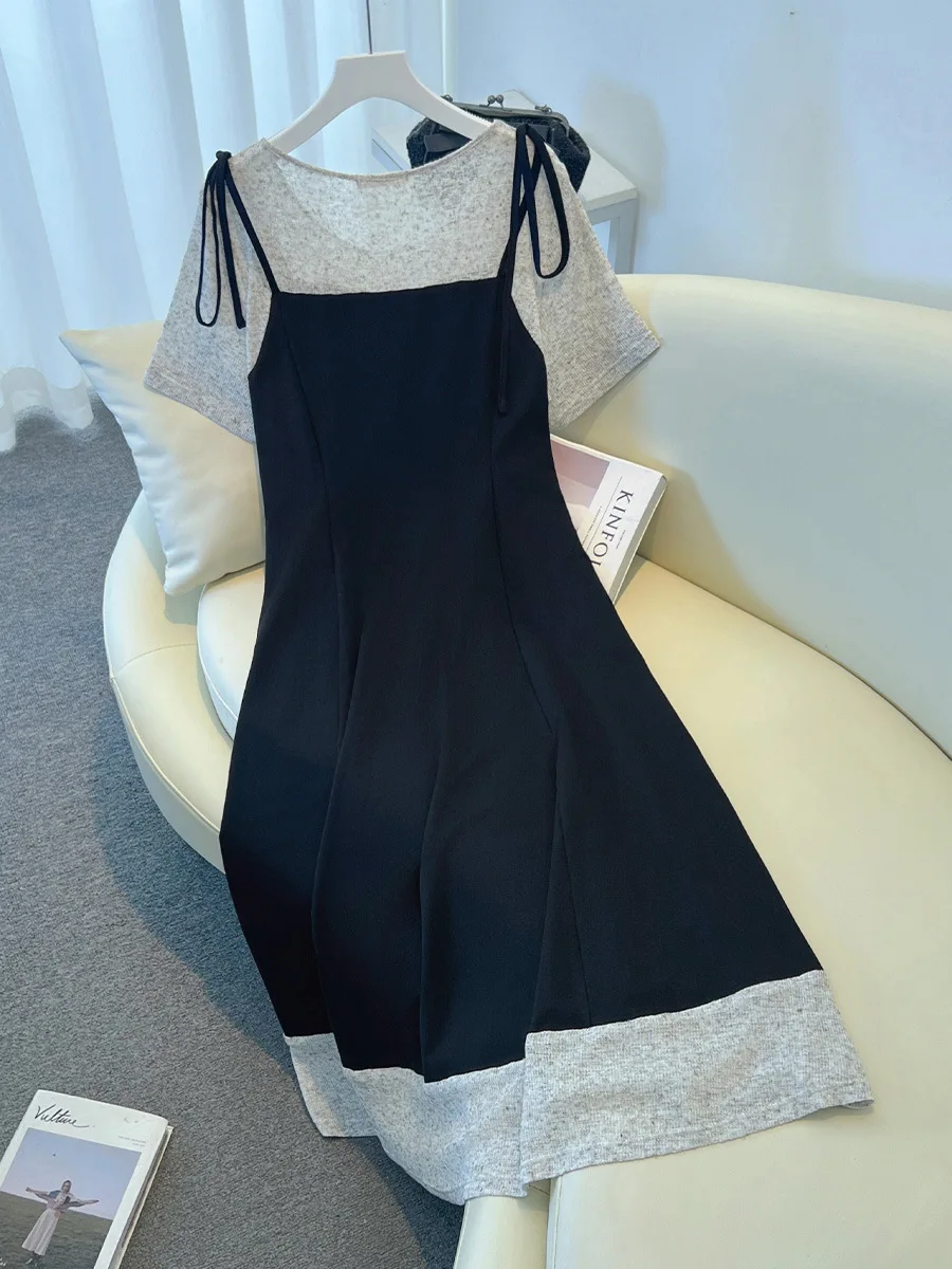 140Kg Plus Size Damski biust 142 Letnia luźna sukienka z krótkim rękawem Patchwork Fake Dwuczęściowa sukienka Temperament Czarny 5XL 6XL 7XL 8XL