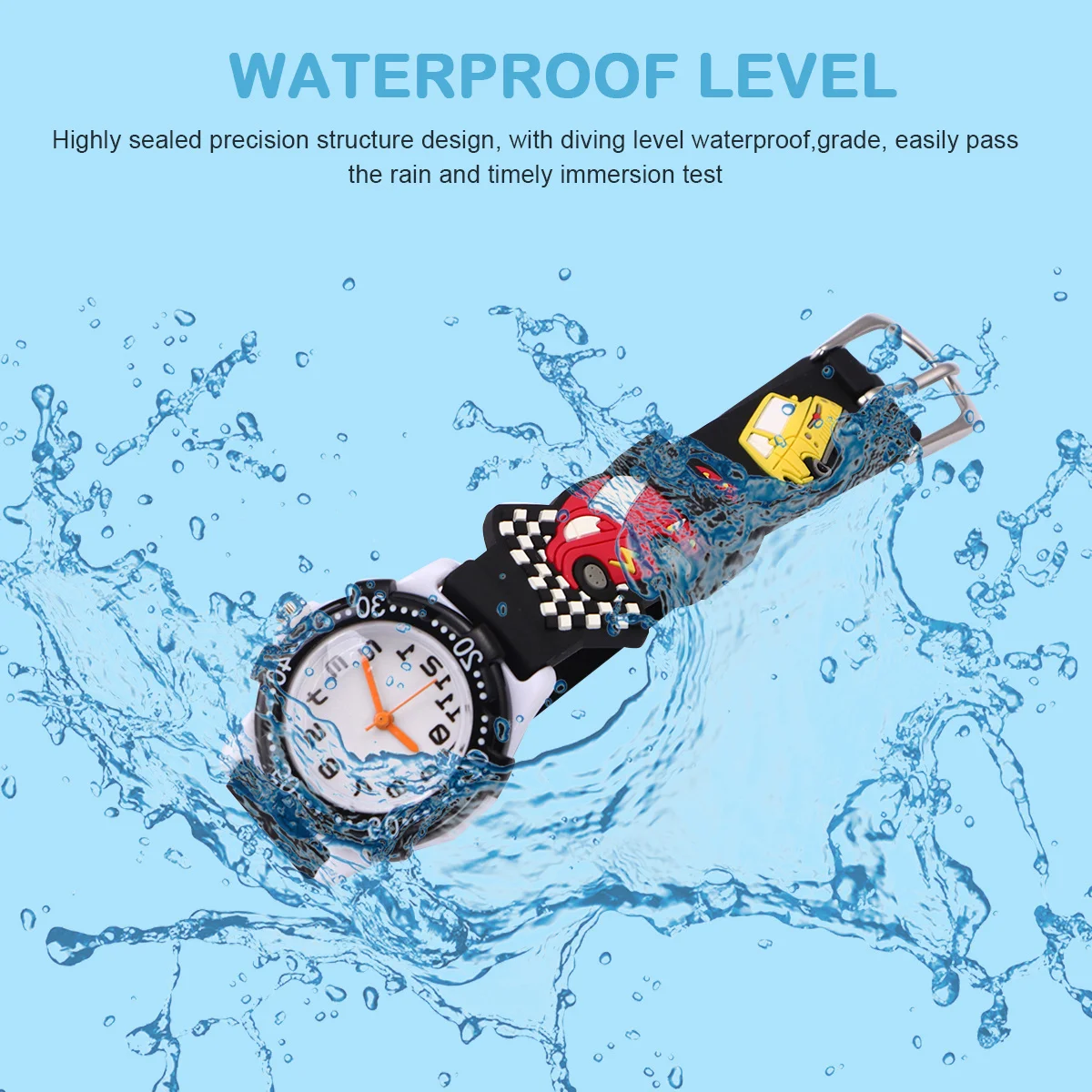 3D Cartoon Waterproof Watch Black Car Pattern Durable Wristband Comfortable for Gift 3D Watch