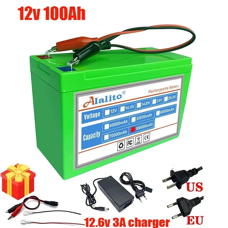 

New 12V 40Ah 50Ah 100Ah lithium Battery Pack Lithium Iron Phosphate Batteries Built-in BMS For Solar Boat+12.6V Charger