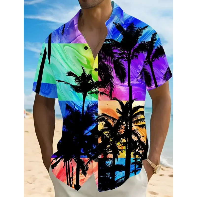 Men's fashion Hawaiian shirt 3d printed landscape tropical plant short-sleeved shirt summer casual Aloha shirt for men