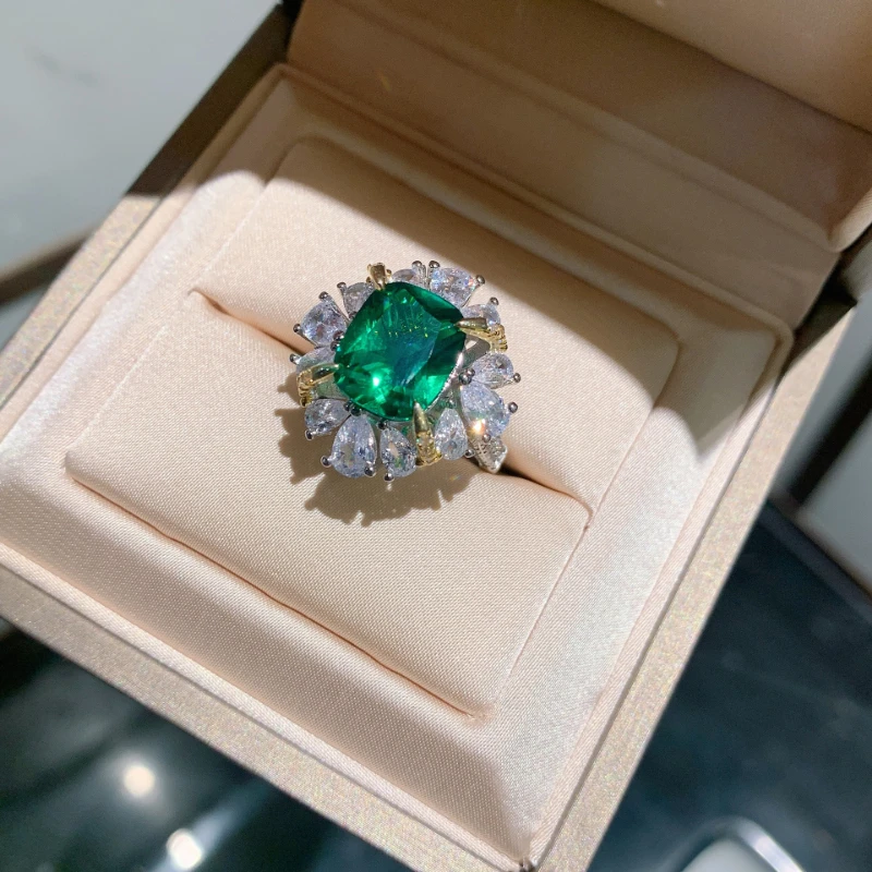 Fashion Noble Emerald Women's Ring Diamond-Encrusted Main Stone 10*12 Wedding Ring Women's Opening Product Adjustable Size