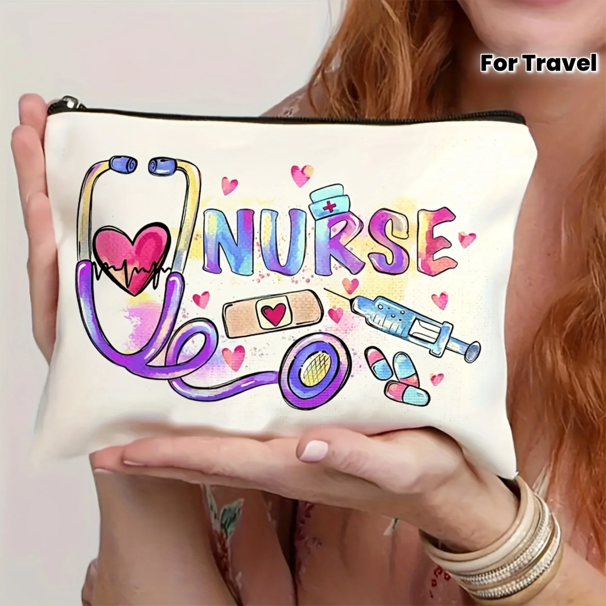 

[Nurse-Themed Makeup Bag] 1pc Large Capacity Nurse-Themed Makeup Bag | Double-Sided Nursing Design with Stethoscope