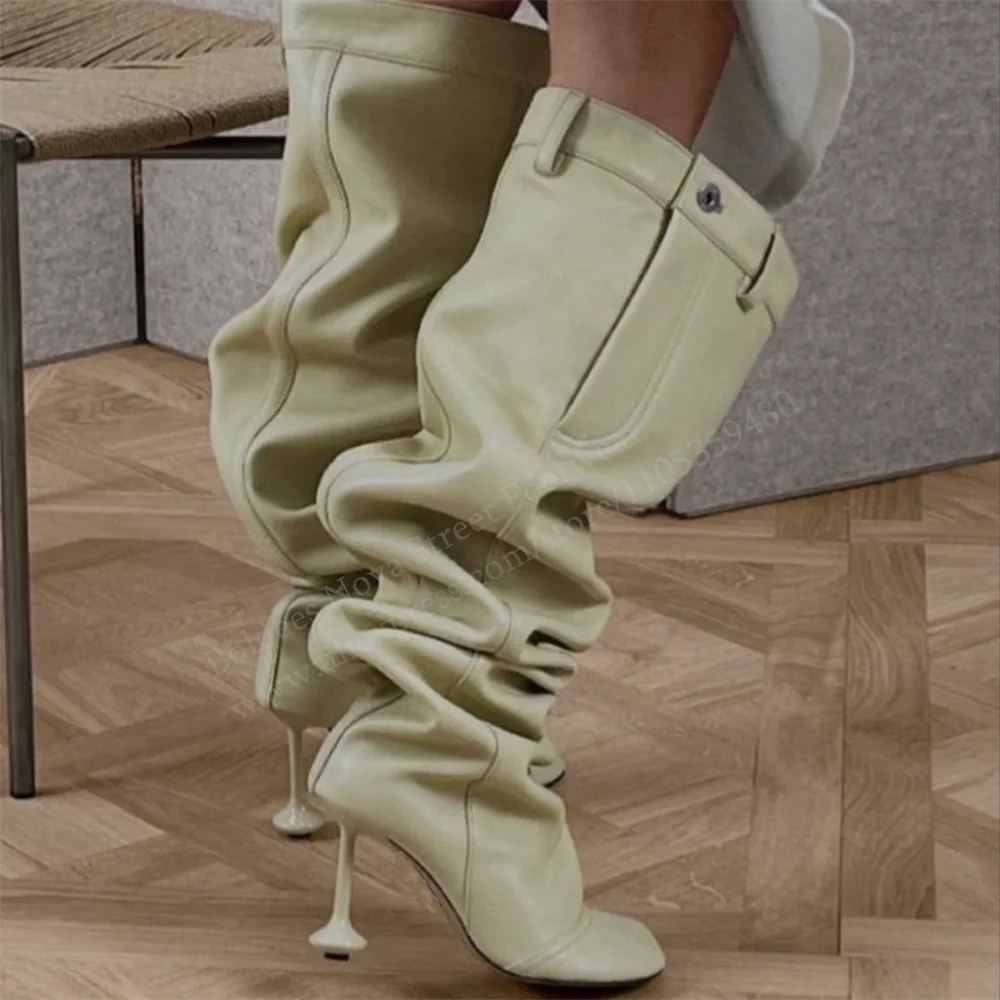 Winterliche neue Overknee-Stiefel mit eckiger Spitze und ungewöhnlichem Absatz für Damen, sexy High Heels, einfarbig, Designer-Marke, große Größen, Pile-Up-Stiefel