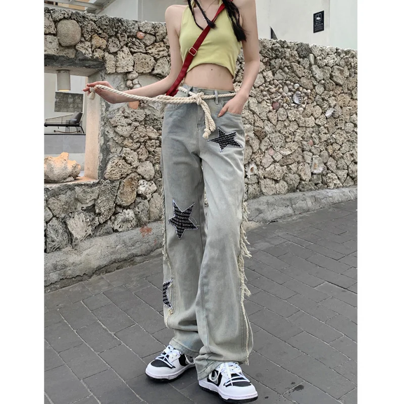 Blue Jeans for Women Printed High Waist American Fashion Y2K Chic Streetwear Wide Leg Jean 2023 Female Trouser Baggy Denim Pants