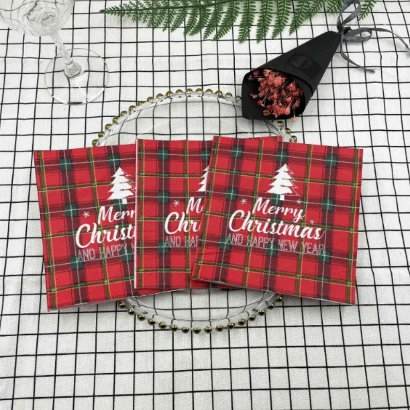 20pcs Disposable Napkins Colourful Printed Napkins Red Christmas Plaid Christmas Tree 2 Layers Restaurant Party Decoration Paper