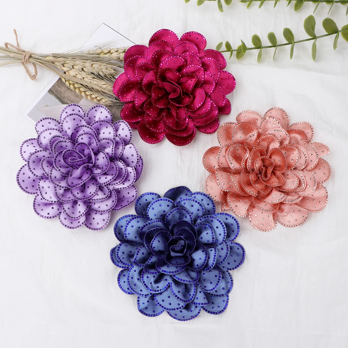 Full Rhinestone Camellia Flower Bud DIY Headwear Women Fabric Flower Hairpin Brooches Decoration Party DIY Apparel Accessories
