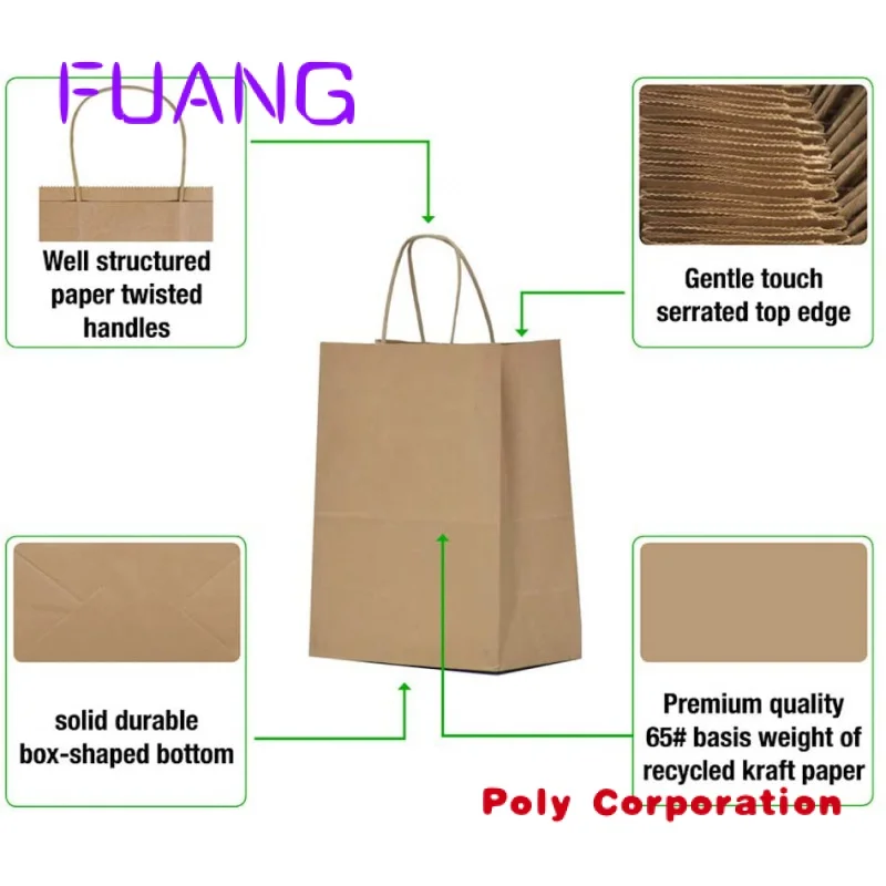 Custom  Packaging Size Strong Carry Packing Food Takeaway Bags Retail Handles Print Small Shopping Custom Your Own Logo Kraft Pa