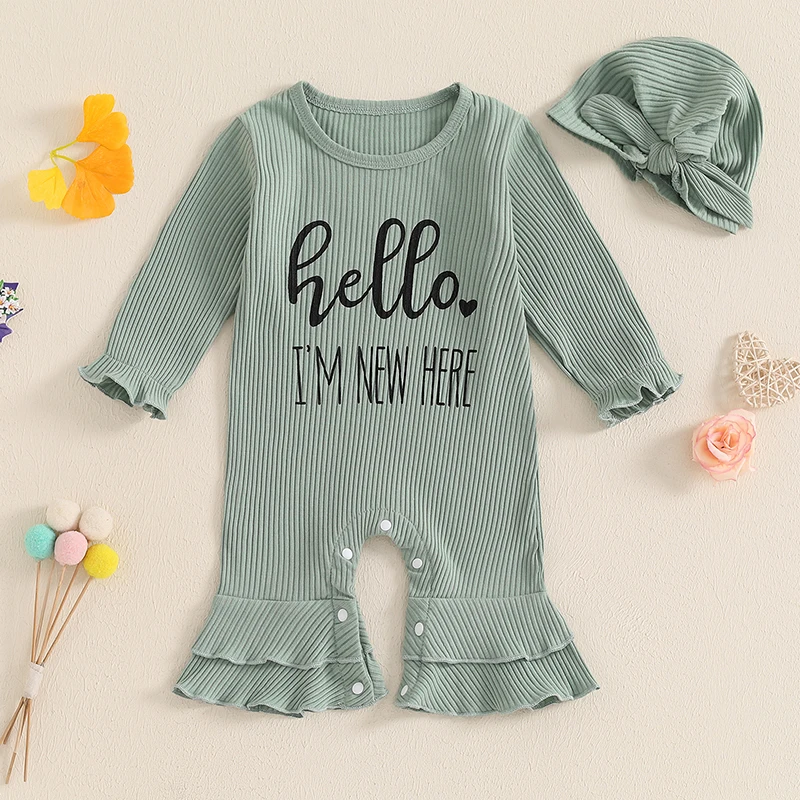 Newborn Girl Outfit Letter Print Ruffle Trim Long Sleeve Ribbed Romper Knot Hat 2 Piece Set for Fall