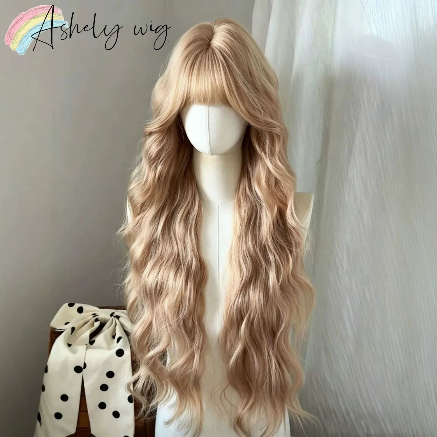 Curly Wig Wtih Bangs 30inch Champagne Platinum Wig for Women Cute Lolita Wigs Long Wavy Hair Synthetic Wigs for Cosplay Daily