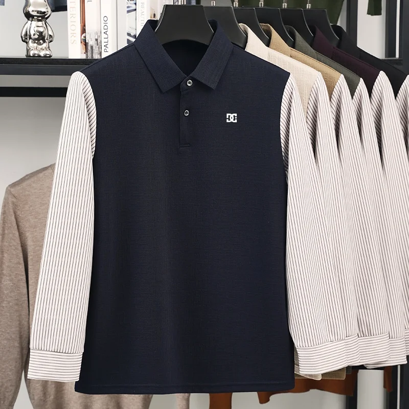Herbst Neues Herren-Polohemd mit Kontrastfarben-Print, Falsches Zweiteiler-Design, Weiches Langarm-T-Shirt für den Alltag, Lässige Herrenbekleidung – Detail 9